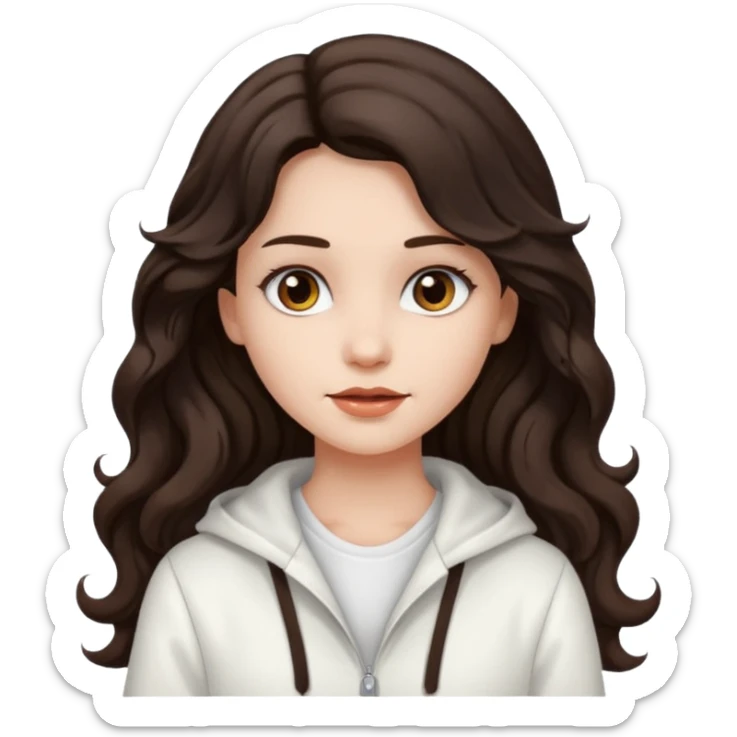 A girl in white with dark brown long wavy hair and very white skin sticker