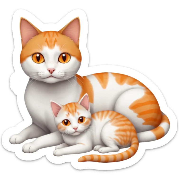 full body of a grey and white cat cuddling a very small + skinny ginger and white kitten with deep orange eyes and triangular shaped face lying down sticker