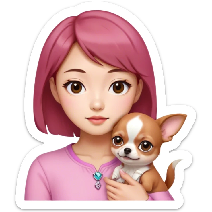 I am an Asian woman with short hair, double eyelids, brown eyes, fair skin, and reddish-brown hair.
I am a lesbian, and I like Chihuahuas and the color pink. sticker