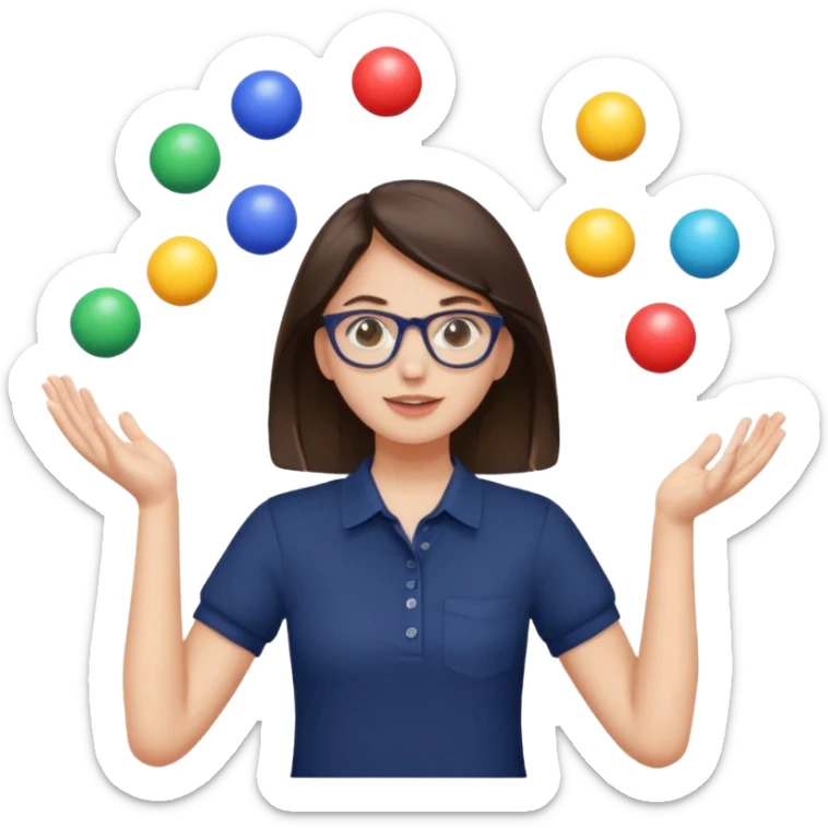 a brunette girl in a navy shirt wearing glasses is  juggling 5 multicolored balls with two hands  sticker