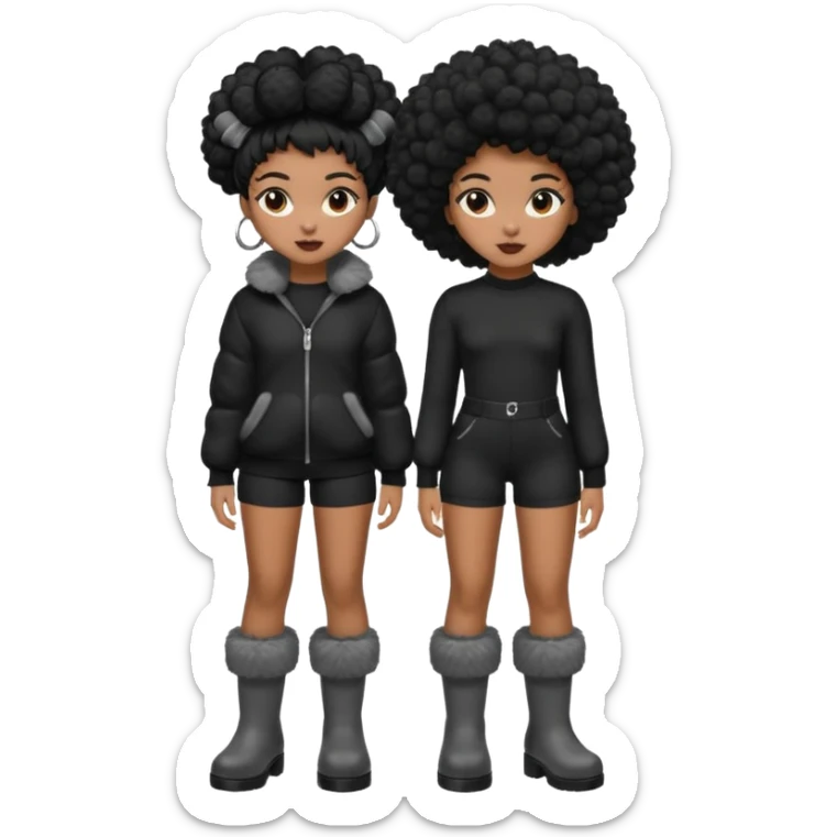 A brown skin girl that has a slim and thick body with black hair into two Afro puffs   and wears all black outfit with grey furry boots  sticker