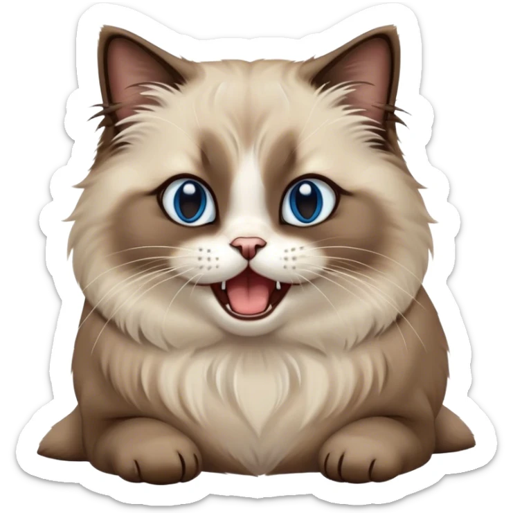 Cinematic Adorable Fluffy Brown Seal Ragdoll Cat Portrait Emoji, Head tilted cutely with big, sparkling blue eyes, soft brown seal-colored fur with darker points on the ears, face, and paws, Simplified yet irresistibly adorable features, highly detailed, glowing with a soft, warm glow, high shine, yawning in a peaceful and playful manner, stylized with a touch of whimsy, bright and endearing, soft glowing outline, capturing the essence of a relaxed and loving kitten, so cute it feels like it could leap out of the screen and stretch into a cozy nap! sticker