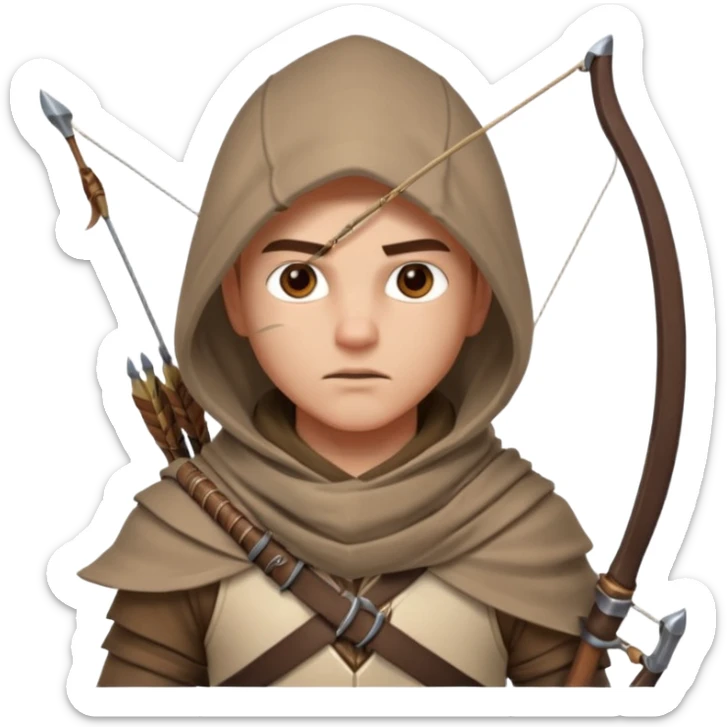 desert archer warrior portrait, head and shoulders only, hooded scarf collar, quiver strap visible, sharp focused eyes, 3D cartoon, mobile game icon style, clean background, no text, no watermark
 sticker