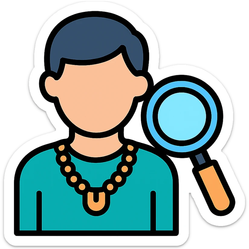 modern icon of a person using a magnifying glass to examine a gold necklace sticker