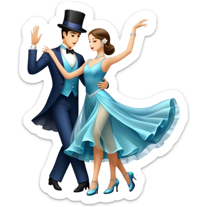 Icon for Ballroom Dancing: a pair of elegant dance shoes, a flowing dress, a top hat, and a dance floor spotlight. The icon should represent the elegance and atmosphere of ballroom dance, focusing on the iconic dance elements. Transparent background. sticker