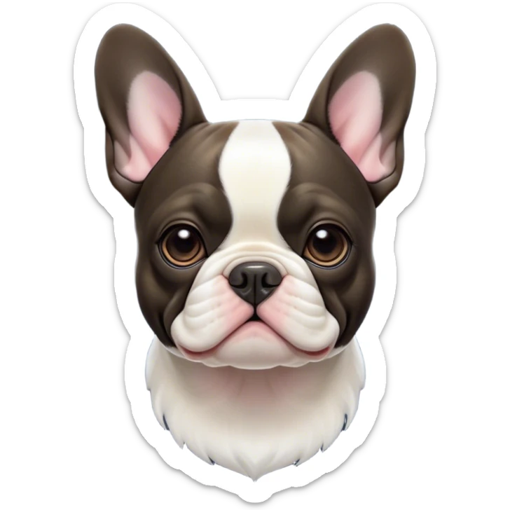 Cinematic Noble Pied French Bulldog Portrait Emoji, Radiating regal yet playful charm, with a distinctive pied fur of contrasting hues and a sculpted, expressive face featuring gentle, wise eyes and a confident stance, simplified yet artistically detailed, glowing with a soft, sophisticated radiance, high shine, exuding intelligent nobility and refined flair, soft glowing outline, capturing the essence of a noble Pied French Bulldog that embodies both strength and grace! sticker