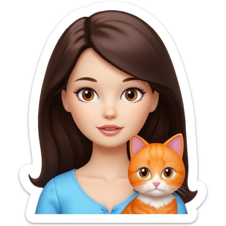 White Barbie girl dark brown long hair with British orange kitty sticker