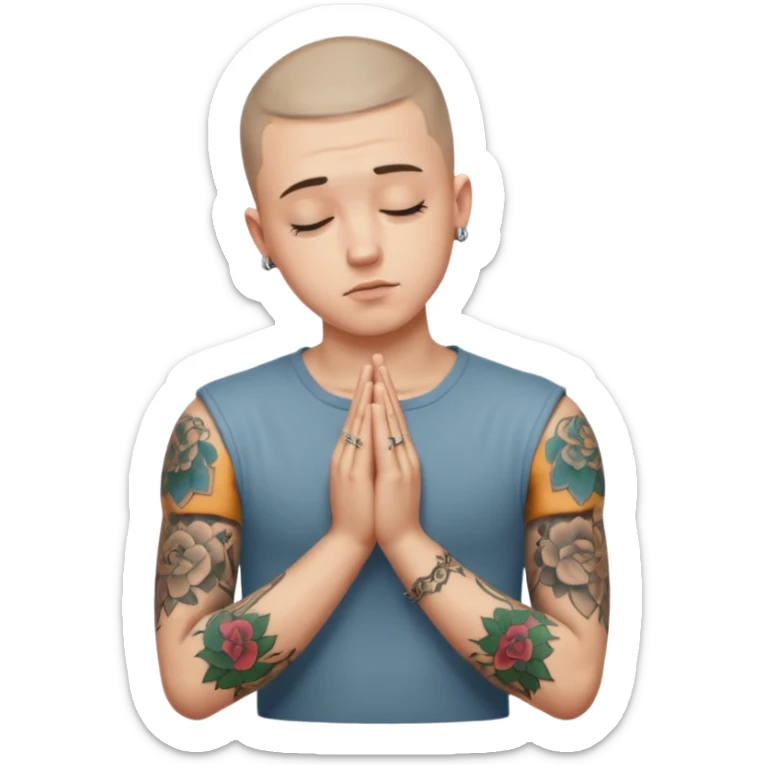 A 20 year old white man with a buzz cut and tattoos all over his arms and chest. Pleading face with hands praying  sticker
