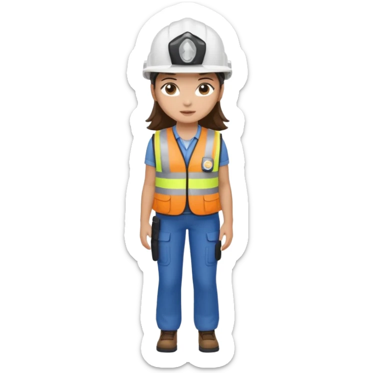 Brunette brown Girl full body standing with her white security helmet and security vest on sticker