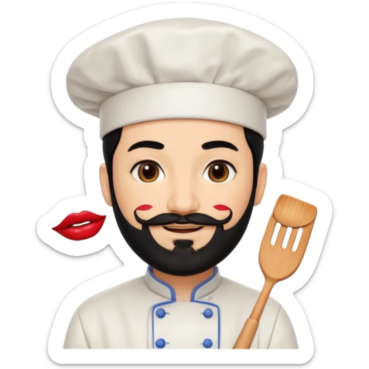 CHEF CON PELO NEGRO Y BARBA NEGRA, OJOS MARRON OSCURO. SONRIE Y TIENE MARCAS DE BESOS CON PINTALABIOS EN FORMA DE LABIOS sticker