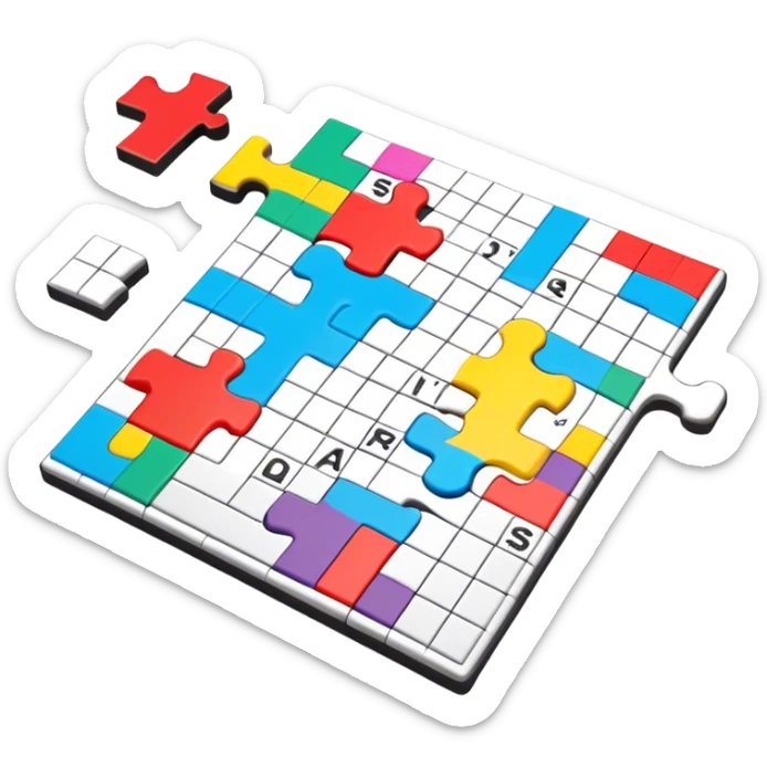 A photorealistic icon with a colorful, fragmented puzzle piece, a crossword magazine, a 3D puzzle, and a partially completed puzzle on a table. Bright, detailed design with realistic lighting. Transparent background, clearly symbolizing puzzles and brain games. sticker