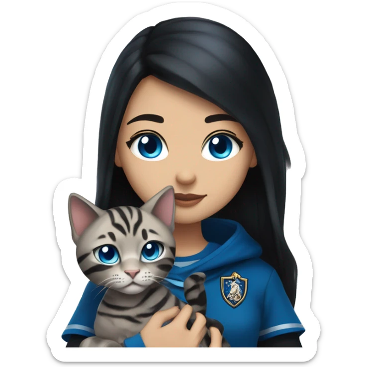 Girl with light skin, blue eyes, shoulder length straight black hair, wears a ravenclaw outfit, with a silver bengal cat holding in her arms sticker