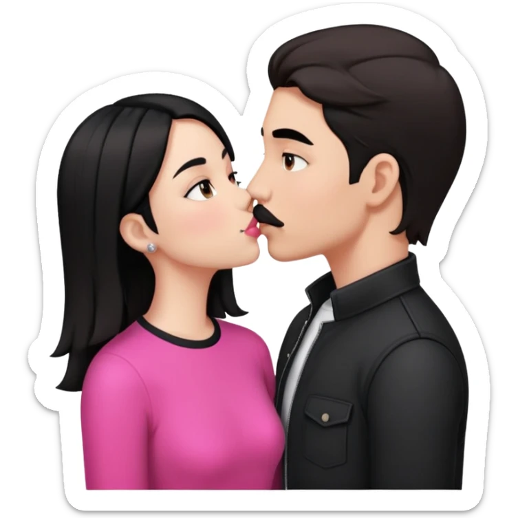 Brunette boy with short hair and black mustache wearing black clothes, kissing white girl with long black hair wearing pink clothes sticker