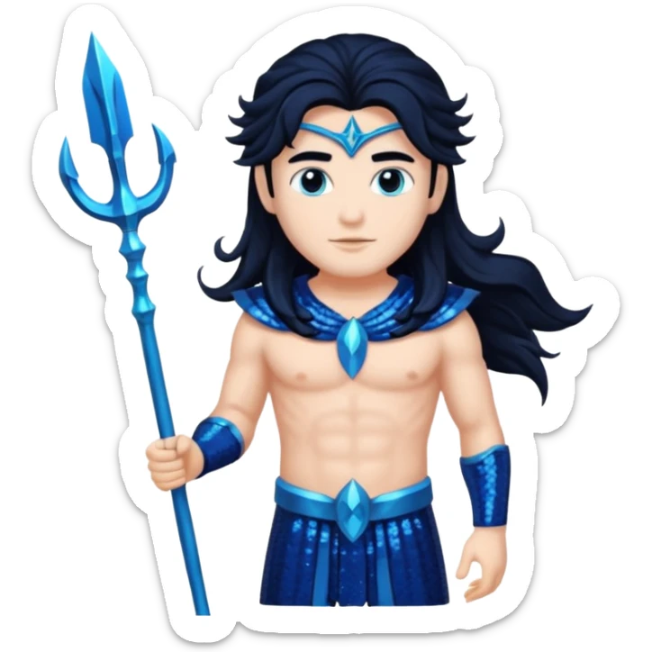 Neptune, God of Sea from Gods and Goddesses with long jet black hair, dark blue sequin outfit sticker