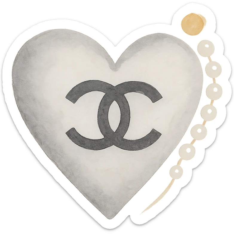 Chanel heart in watercolor art style, soft, black and white, with pearls and gold accents sticker