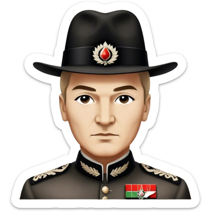 ​Cinematic Realistic Portrait of a Young Mustafa Kemal Atatürk, depicted in his iconic tall black hat and traditional attire with a confident, visionary expression, rendered with rich historical textures and warm, inspiring lighting that captures his youthful dynamism and transformative leadership, sticker