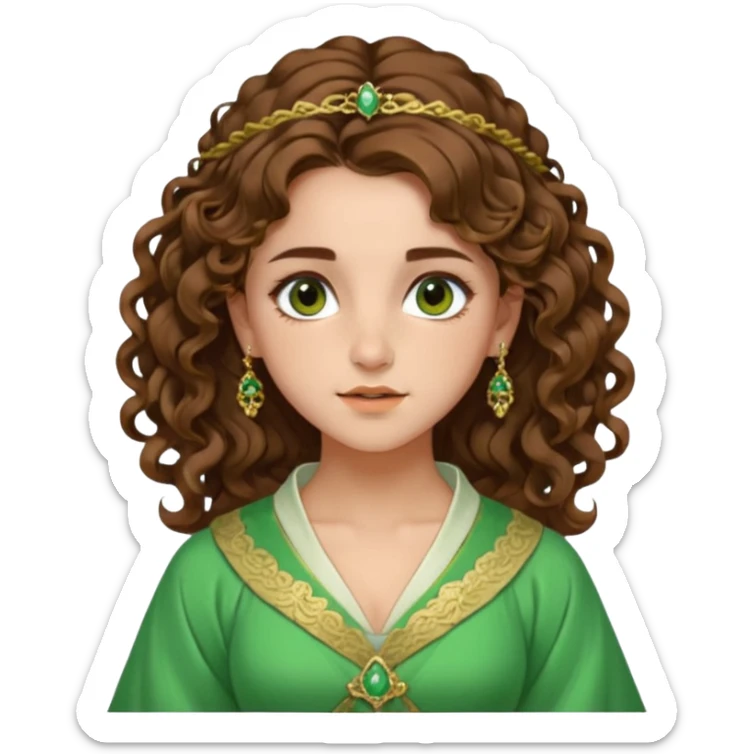 very beautiful italian girl, looking a bit like Emma Watson, with curly and big volume very bright brown hair, and a golden piercing ring in nose on left side, dressed in a beautiful sexy hanfu dress of green colors, nose ring sticker