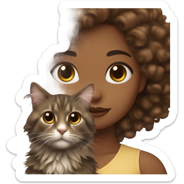 Brown skin girl with curly brown hair and long lashes with fat Norwegian forest cat sticker