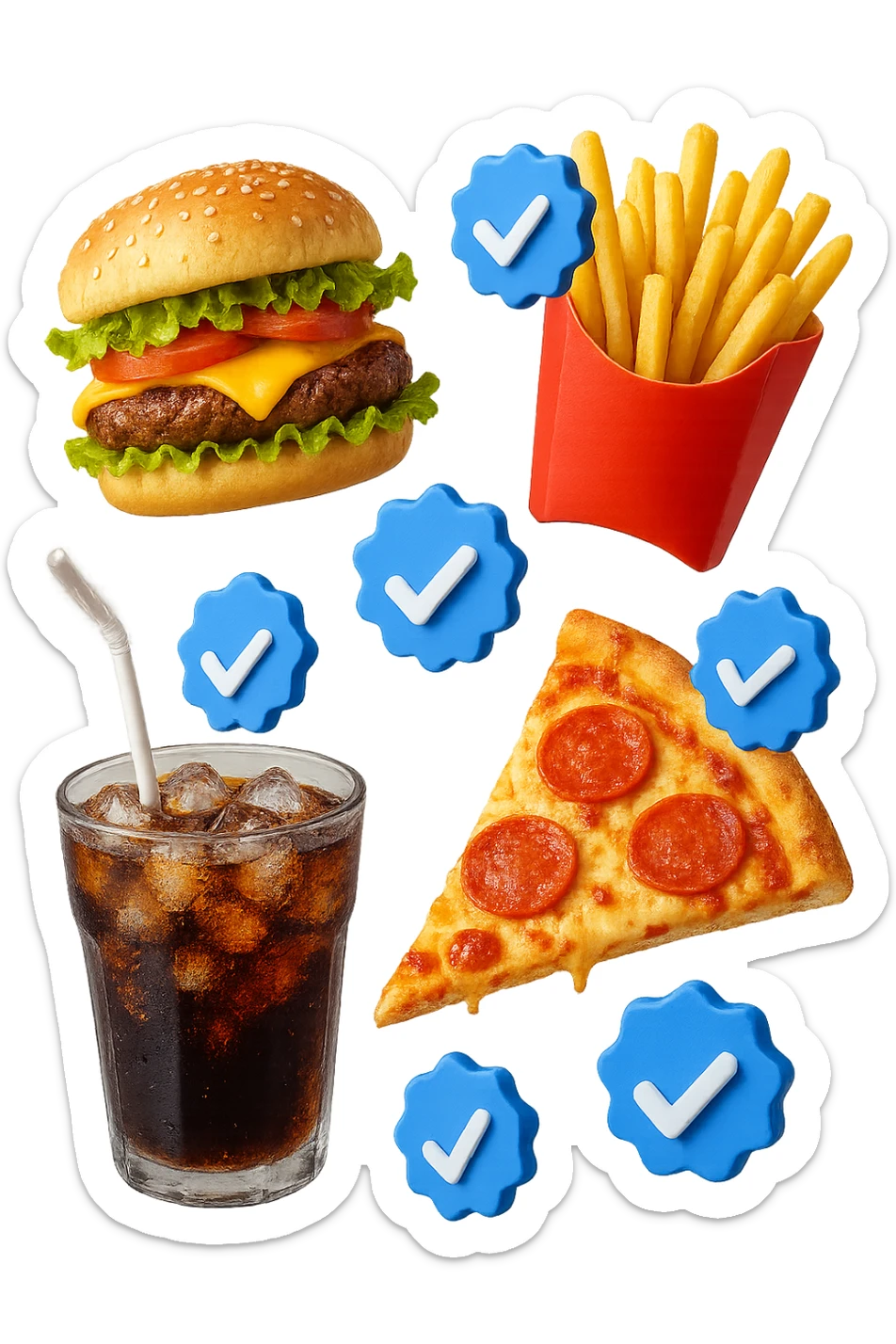 fast food realistico fluttua in aria insieme a spunte di verificato in 3d sticker