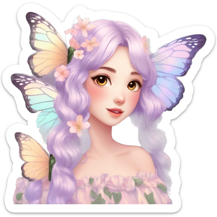 Gorgeous Shiny Pastel Anime-Style Lady Butterflies flower petals leaves cottage core pastelcore kawaii aesthetic trending style sticker