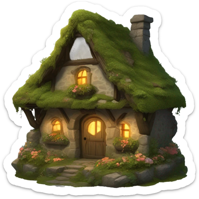 A cozy fantasy cottage made of stone and wood, covered in moss, vines, and flowers. The windows are aglow with firelight. sticker