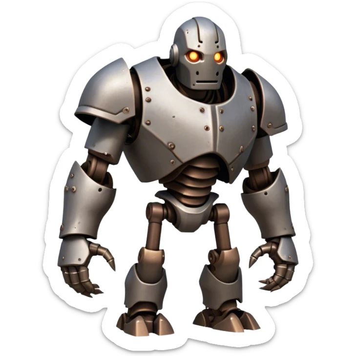 Cinematic Fierce Mighty Iron Golem Portrait Emoji Depicted mid-action in a dynamic, battle-ready stance, massive fists clenched, the ancient metallic plates along its form shifting with raw power. Its eyes blaze like molten fire within a carved, rune-etched face, exuding both divine purpose and mechanical precision. Weathered steel and dark bronze tones are accented by glowing, arcane inscriptions, each detail meticulously crafted with lifelike metallic reflections. High shine, imposing yet regal, styled with an air of indestructible might, soft glowing outline, capturing the essence of an unstoppable colossus that looks ready to charge forth with a thunderous step! sticker