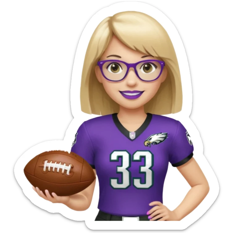 full length women wearing eagles uniform, medium blonde hair, straight across bangs, black glasses, holding football, number 33, smiling, purple lipstick sticker