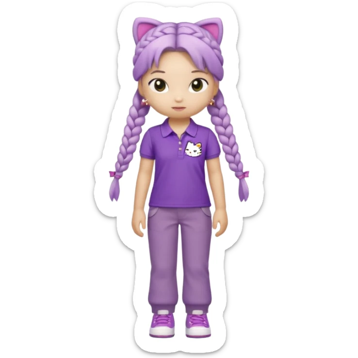 hello kitty wearing purple polo shirt and kyaki pants with long fishtail braids baddie with 2025 efect sticker