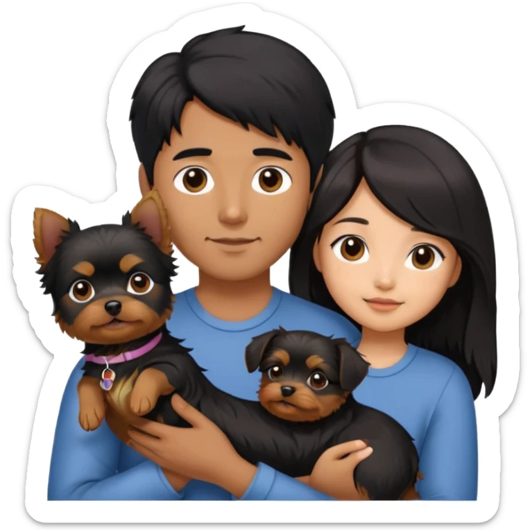 A couple holding holding a small Yorkshire Terrier together. The girl is an Asian girl with long, luscious wavy black hair (loose, no hair tie). She is standing beside a brown-skinned man with a short middle part haircut.  sticker
