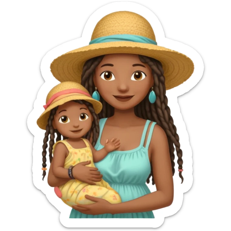 A black mom with long dread lock hair in a sunhat holding her baby gently, wearing a sun-dress while smiling softly. sticker
