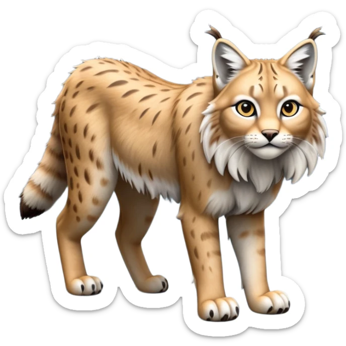 Cinematic-Lynx-Realistic-Full-Body-Standing on all fours-Emoji – head tilted dramatically, fur with faint spotting, long legs and large paws poised elegantly, simplified yet realistic focused features, highly detailed, glowing with an almost sarcastic glow zoomed out showing fluffy shoulders sticker