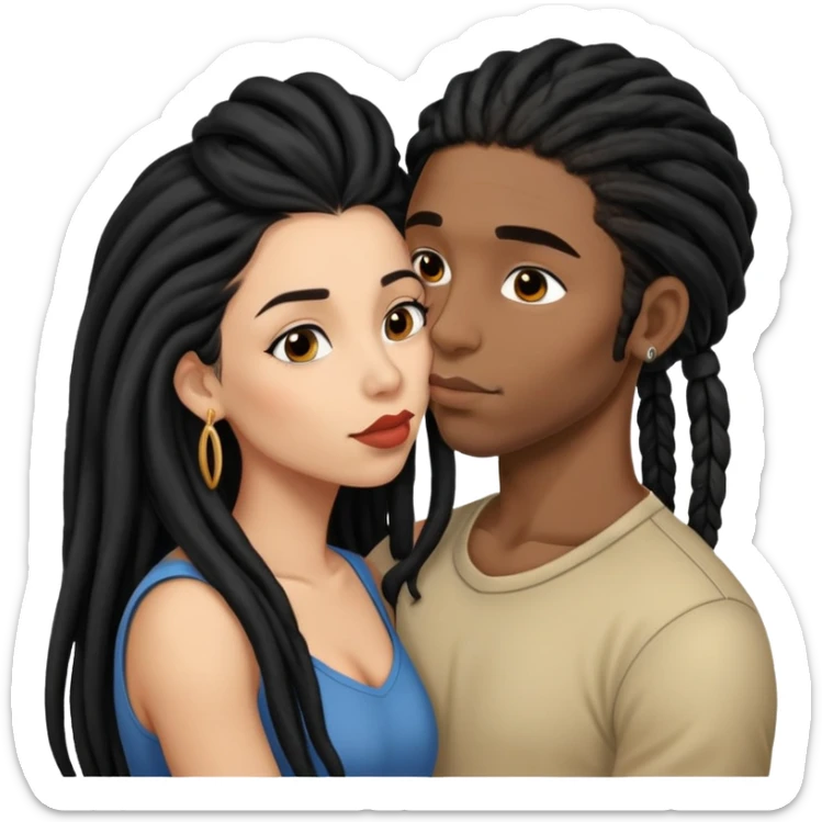 Latina Woman with long hair kissing a young black guy with dreads chin hair sticker