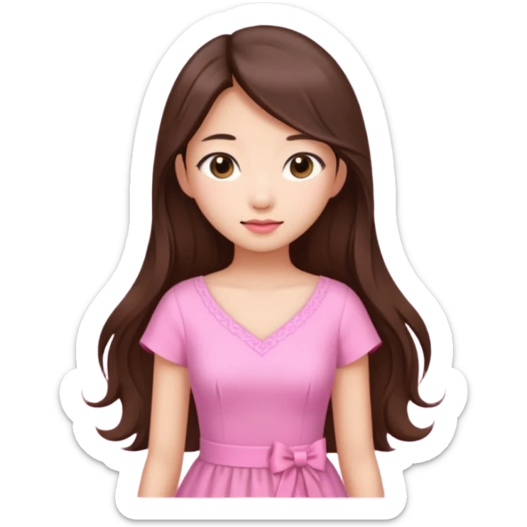 girl aesthetic emoji, asian beautiful long brown hair pink dress sticker