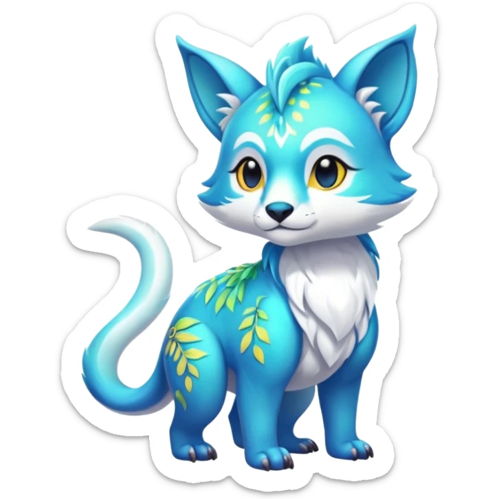 Colorful tropical exotic shiny white beautiful fantasy-Thylacine-Vernid-Cacomistle-Oncilla-animal-Fakémon-hybrid-fursona (full body) sticker