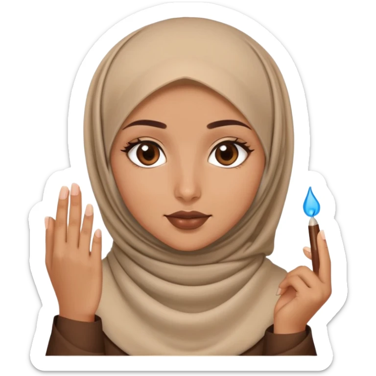 Turkish beautiful finish Konya blonde girl blue eyes with brown beige hijab islamic dress and had on her hand brown lipgloss sticker