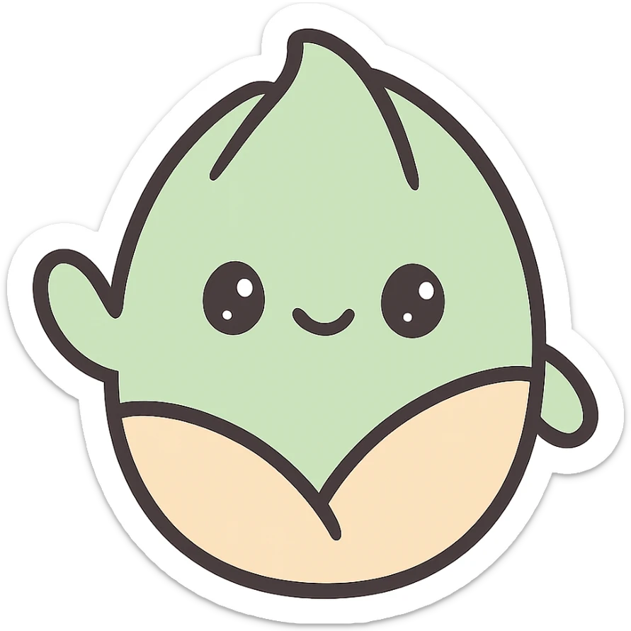 a pistachio character waving, kawaii style, round body, pastel palette, happy expression sticker