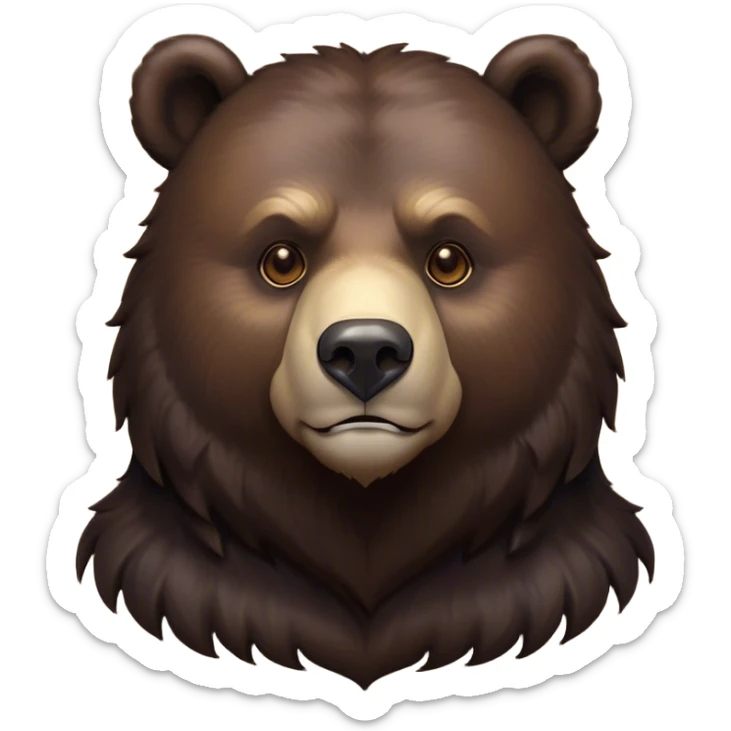 Cinematic Noble Bear Portrait Emoji, Poised and regal, with a large, imposing build and a thick, well-groomed rich dark brown fur, deep-set soulful eyes, Simplified yet sharp and sophisticated features, highly detailed, glowing with a soft, dignified glow, high shine, intelligent and formidable, stylized with an air of wild majesty, focused and attentive, soft glowing outline, capturing the essence of a watchful and commanding guardian, so majestic it feels as though it could lumber out of the screen with effortless authority! sticker