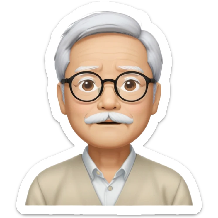 _cinematic-realistic-portrait-of-hayao-miyazaki,-depicted-with--large-rectangular-glasses,-his-happy-expression-rendered-in-lifelike-detail,-illuminated-with-soft,-realistic-lighting-that-emphasizes-his-creative-genius, his eyes shut  and big bushy black eyebrows sticker