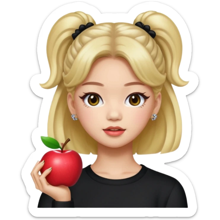 Jennie from Blackpink as an apple style emoji, chic hairstyle, fashionable outfit sticker