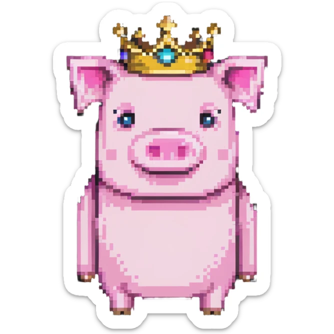 minecraft pig full body pink blocky animal with square head wearing a crown sticker