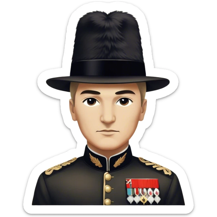 ​Cinematic Realistic Portrait of a Young Mustafa Kemal Atatürk, depicted wearing an iconic tall black fur hat along with traditional attire, his confident, visionary expression illuminated by warm, inspiring lighting, rendered with rich historical textures that capture his youthful dynamism and transformative leadership, sticker