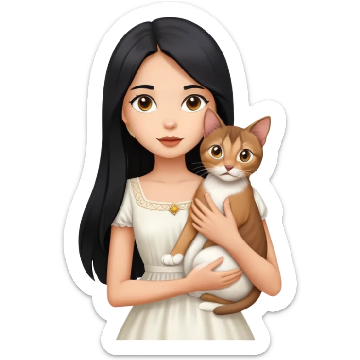 A beautiful girl with long black hair wearing a white dress holds an Abyssinian cat in her arms sticker