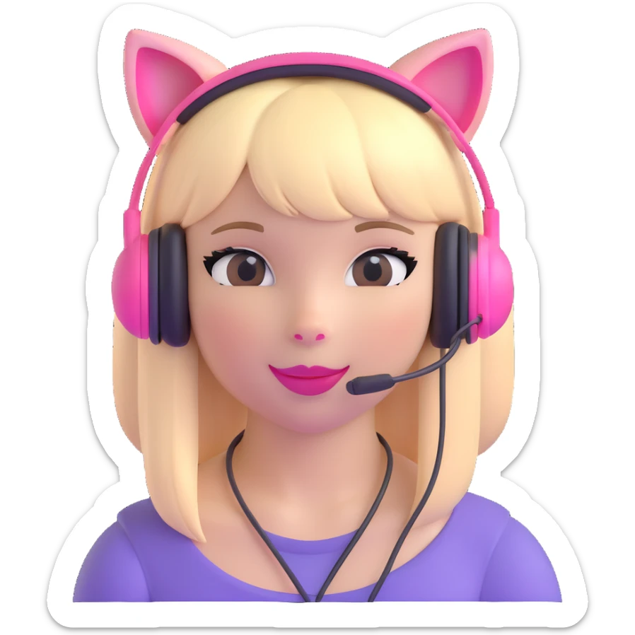 sassy blond girl with straight hair, short bangs, pink kitty-ear headset, pink lips, playful expression sticker