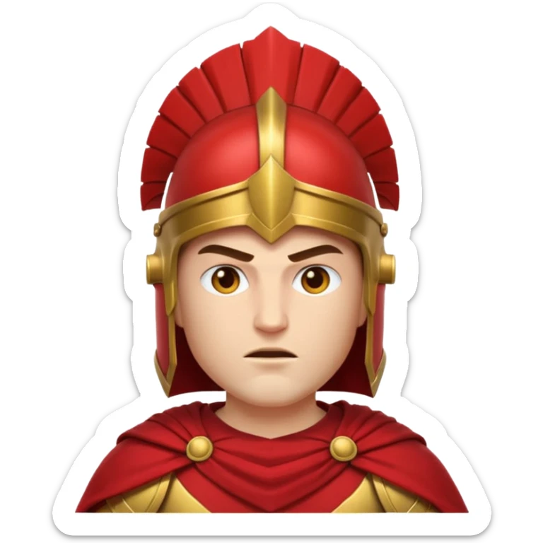 Emoji portrait of a Spartan warrior. Crested helmet, red cloak, determined expression. sticker