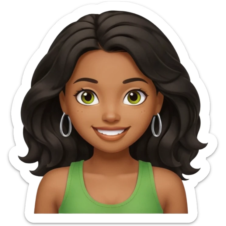 a pretty bratz brown girl with long wavy black color hair, brown eyes and green tank who is smiling sticker