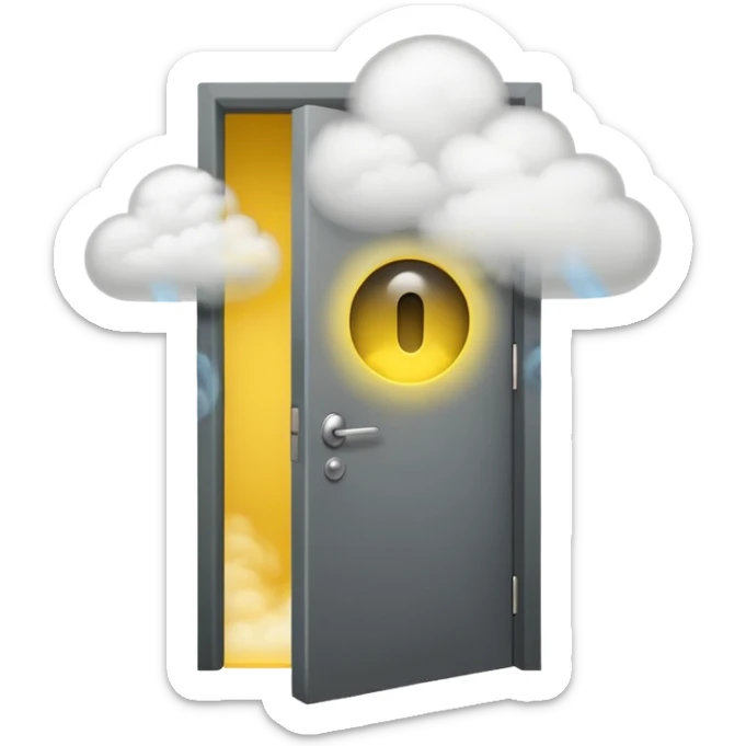 Minimalist emoji-style sticker of a half-open door, with smoke and a single glowing eye visible in the dark inside. Flat design, desaturated colors.
 sticker