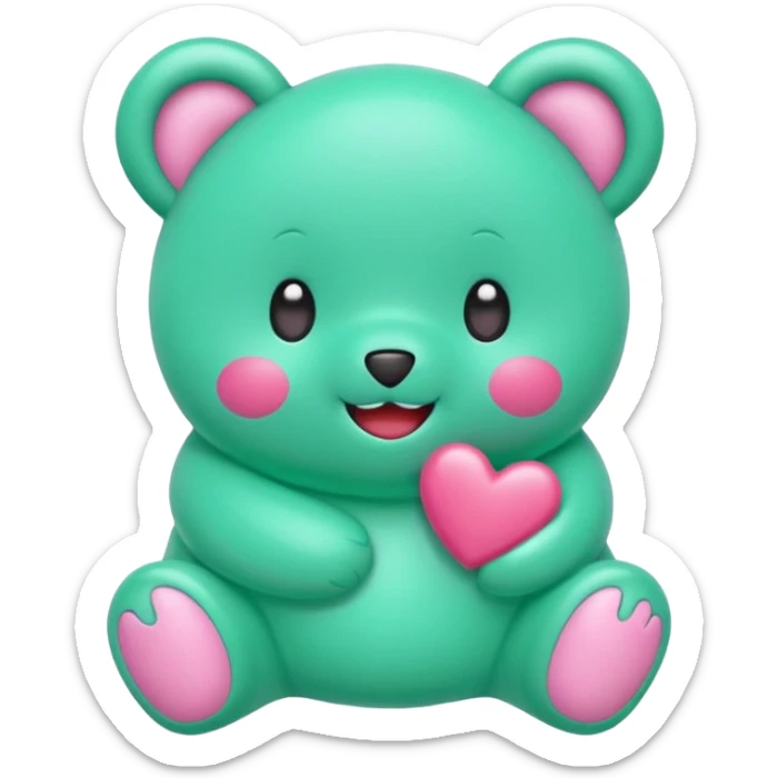 Oso gummy color verde agua  corazón rosa kawaii con cuerpo entero sticker