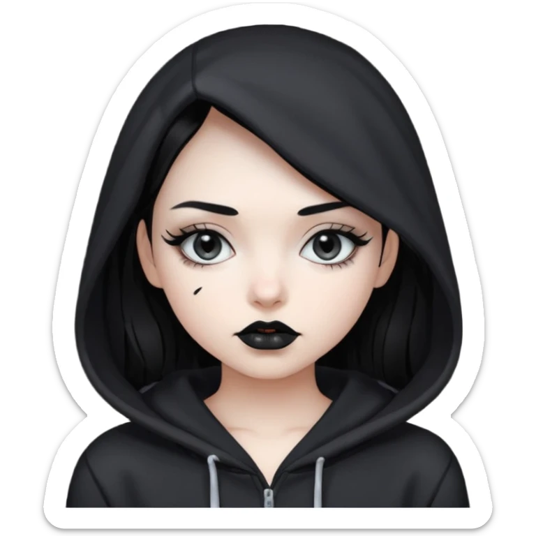 Black haired girl, silver eyes, black lipstick, white skin, black hoodie sticker