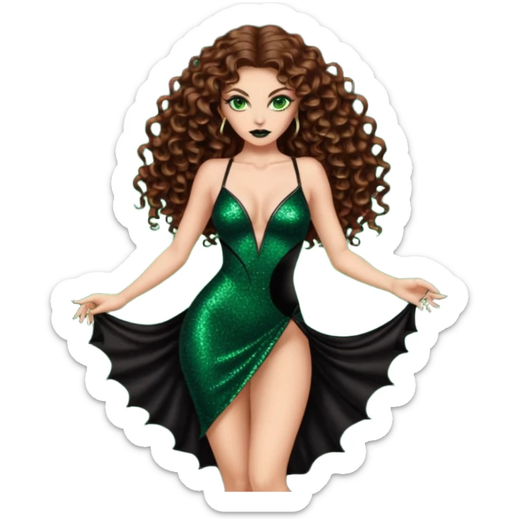 green eyes brown long curly hair evil siren woman,with 7 inch platform stripper high heels black glitter dress, Los Angeles Spanish style black outfit sticker