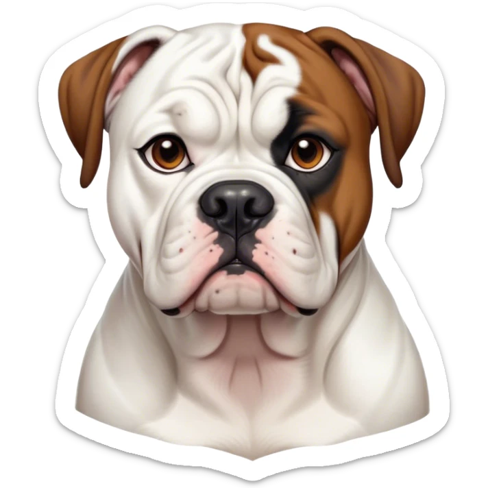 Cinematic Noble Black and White American Bulldog Portrait Emoji, Poised and regal, with a strong, muscular build and a striking black and white coat, deep-set soulful brown eyes, Simplified yet sharp and sophisticated features, highly detailed, glowing with a soft, dignified glow, high shine, intelligent and loyal, stylized with an air of strength, focused and attentive, soft glowing outline, capturing the essence of a watchful and confident guardian, so majestic it feels as though it could step out of the screen with effortless authority! sticker